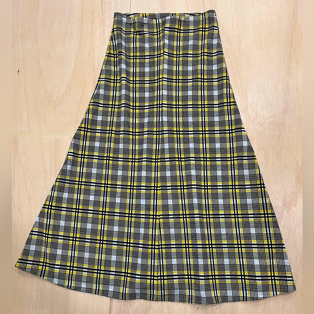 Vintage polyester maxi skirt in brown and yellow plaid